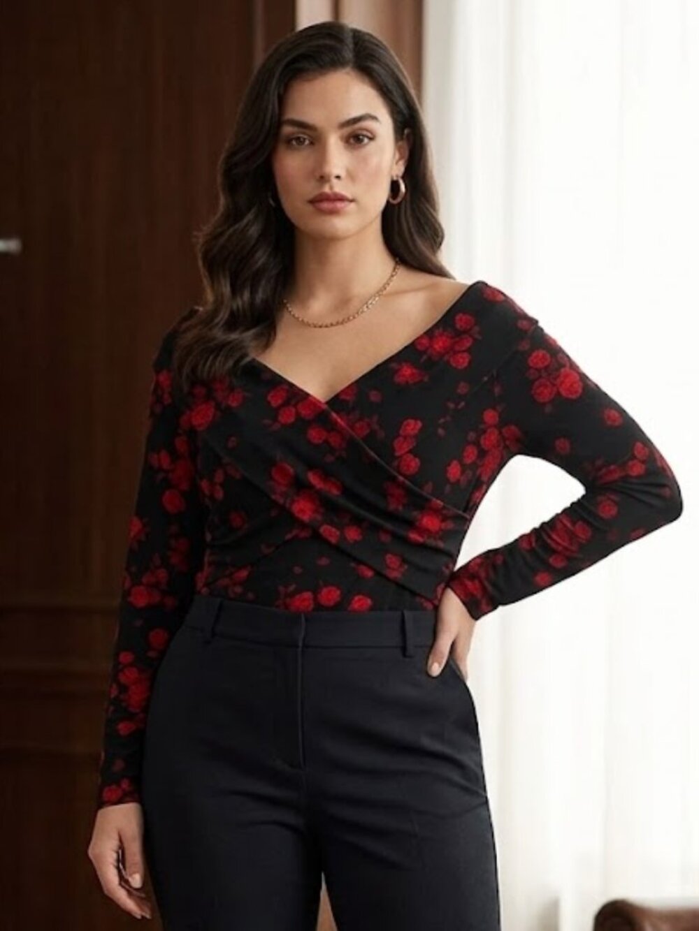 Michael Kors Sz Large Black Red ROSE Cowl Neck Long Sleeve Top Blouse Whimsigoth
